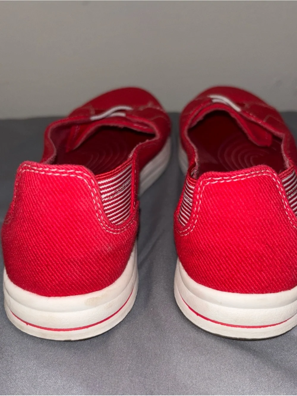 Clarks Women’s Red Slip-On Canvas Sneakers cloudsteppers